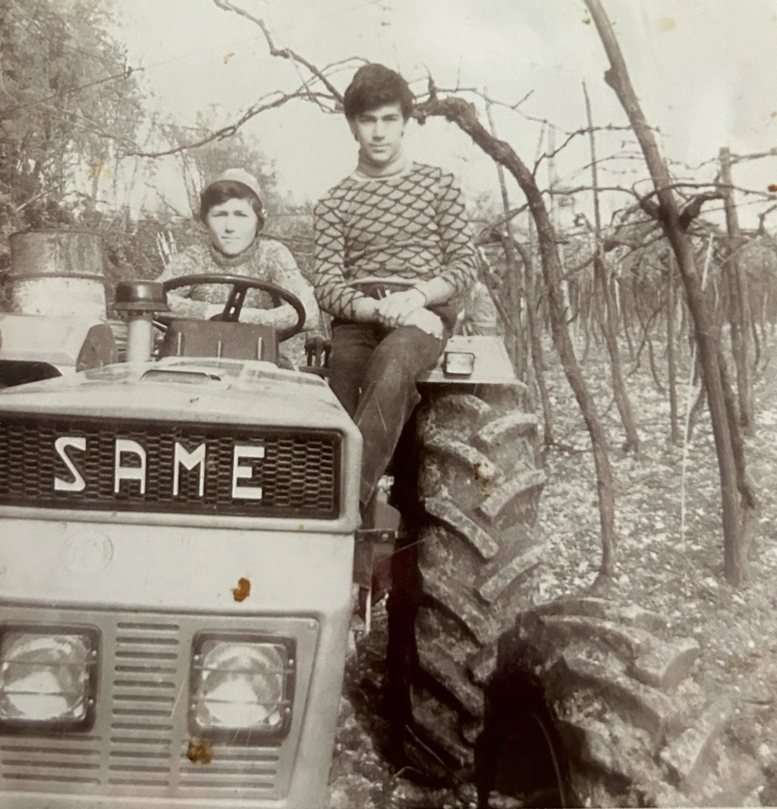 Historic photo: the Tamellini brothers on a tractor among the vines